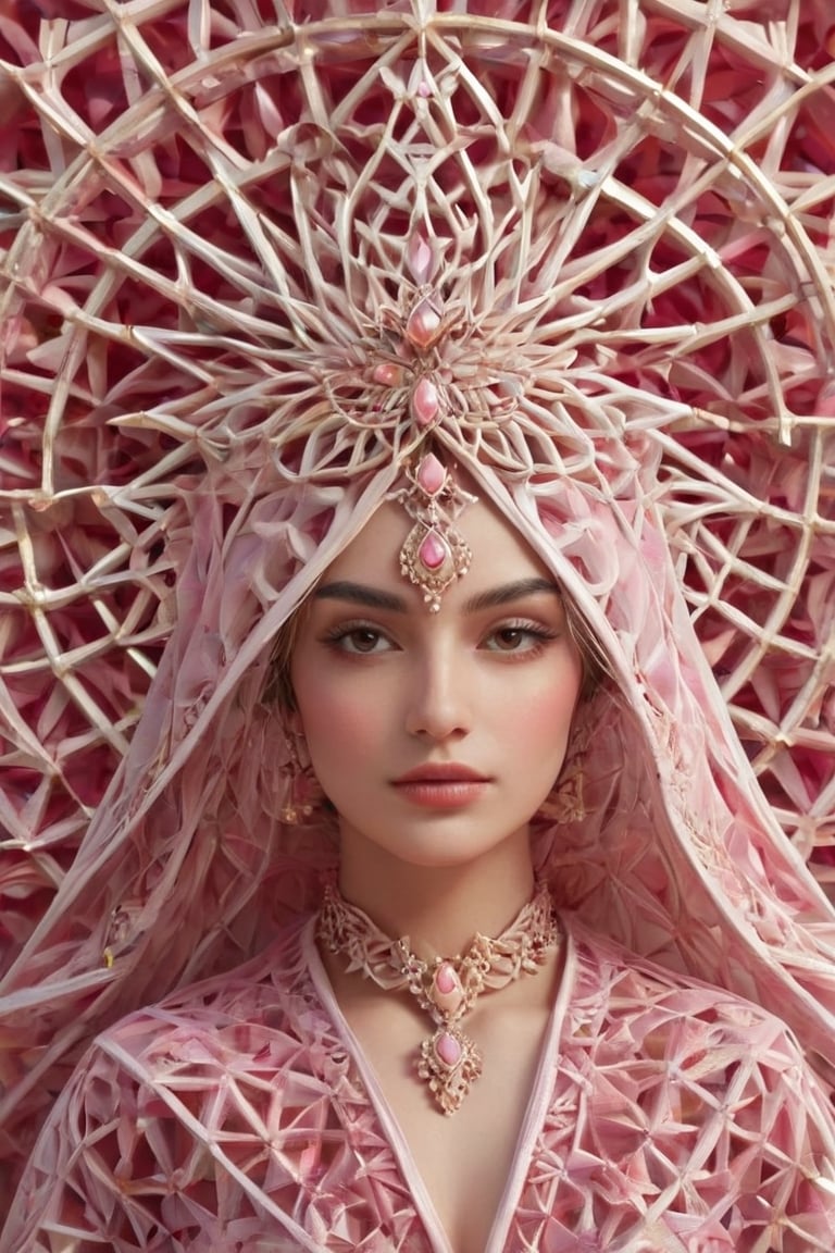 A mesmerizing ((hyperrealistic)) portrait of a stunning Persian woman, exuding an angelic charm and youthful radiance. The subject adorns a vibrant, traditional attire, accentuated that boldly contrast against the negative space and pink geometric shapes. The artwork masterfully unites emotive conceptual portraiture with a flawless fusion of organic and mathematical forms. The 8K render and 4K textural richness accentuate the elegance of the corona 9 radiant glow, capturing the essence of modest ethnic beauty ideals. The image was skillfully captured using a Canon EOS R5, embodying both technical and artistic sophistication. Perfect textures and details ,ral-pnrse,Masterpiece,REALISTIC,Dragon