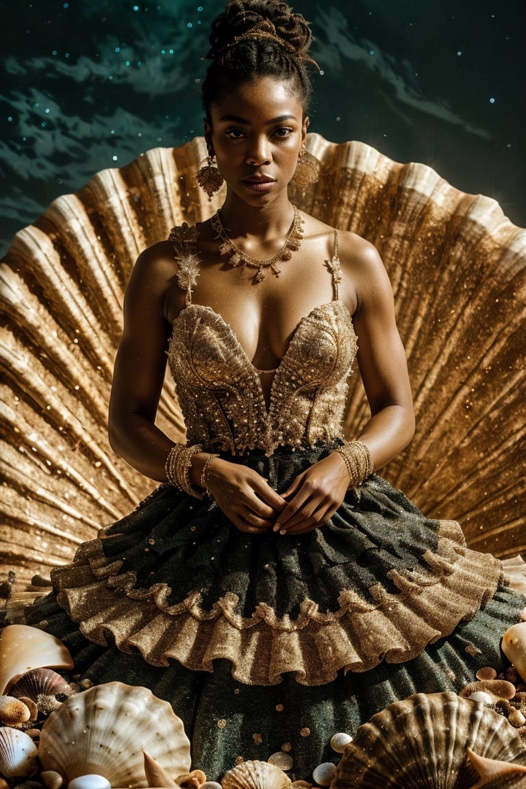 It generates a high-quality cinematic image, extreme details, ultra definition, extreme realism, high-quality lighting, 16k UHD, a black woman who is in a dark environment but her skin stands out and her features. She's got a dress full of glitter and seashells,xuer Large shell