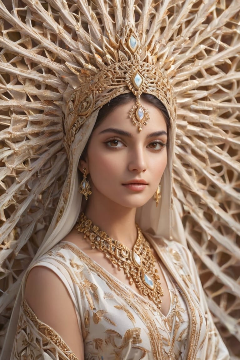A mesmerizing ((hyperrealistic)) portrait of a stunning Persian woman, exuding an angelic charm and youthful radiance. The subject adorns a vibrant, traditional attire, accentuated that boldly contrast against the negative space and white y gold geometric shapes. The artwork masterfully unites emotive conceptual portraiture with a flawless fusion of organic and mathematical forms. The 8K render and 4K textural richness accentuate the elegance of the corona 9 radiant glow, capturing the essence of modest ethnic beauty ideals. The image was skillfully captured using a Canon EOS R5, embodying both technical and artistic sophistication. Perfect textures and details ,ral-pnrse,Masterpiece,REALISTIC,Dragon,Indian Model