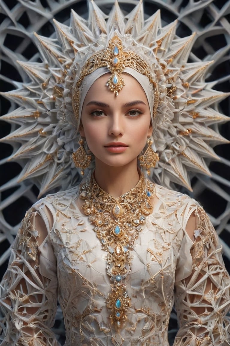 A mesmerizing ((hyperrealistic)) portrait of a stunning Persian woman, exuding an angelic charm and youthful radiance. The subject adorns a vibrant, traditional attire, accentuated that boldly contrast against the negative space and geometric shapes. The artwork masterfully unites emotive conceptual portraiture with a flawless fusion of organic and mathematical forms. The 8K render and 4K textural richness accentuate the elegance of the corona 9 radiant glow, capturing the essence of modest ethnic beauty ideals. The image was skillfully captured using a Canon EOS R5, embodying both technical and artistic sophistication. Perfect textures and details ,ral-pnrse,Masterpiece,REALISTIC,Dragon