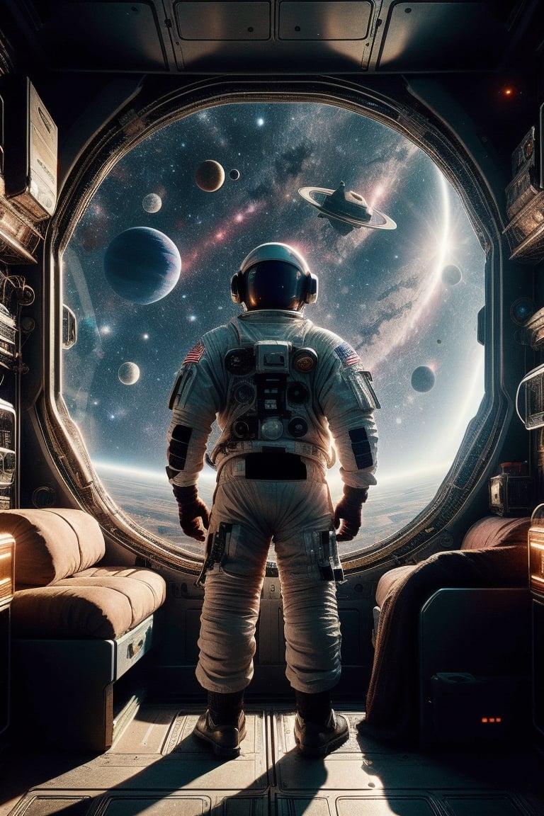 It generates a high-quality cinematic image, extreme details, ultra definition, extreme realism, high-quality lighting, 16k UHD, an astronaut in the middle of outer space with stars and planets completely full of brightness just like his suit,bing_astronaut,eotw_lora,Futuristic room