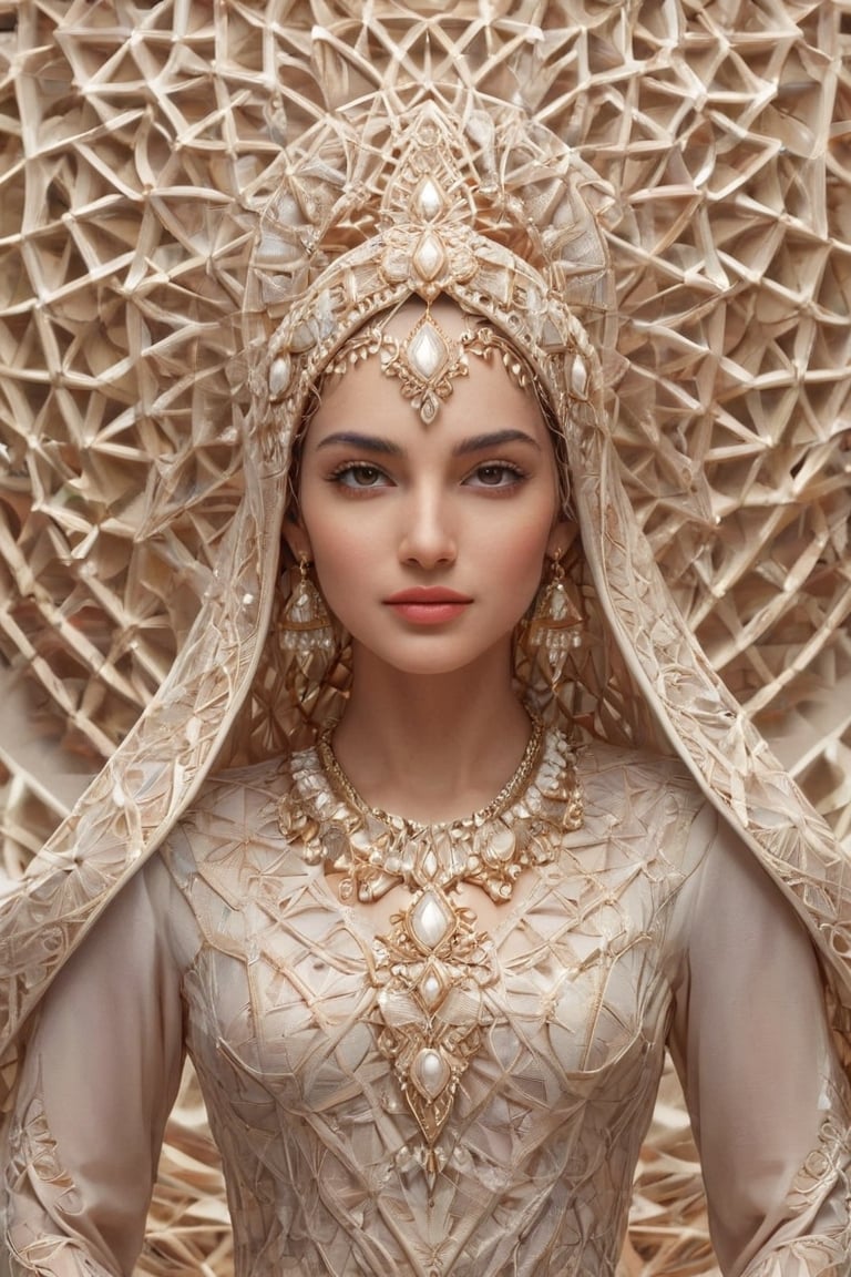 A mesmerizing ((hyperrealistic)) portrait of a stunning Persian woman, exuding an angelic charm and youthful radiance. The subject adorns a vibrant, traditional attire, accentuated by minimalist organic curves that boldly contrast against the negative space and geometric shapes. The artwork masterfully unites emotive conceptual portraiture with a flawless fusion of organic and mathematical forms. The 8K render and 4K textural richness accentuate the elegance of the corona 9 radiant glow, capturing the essence of modest ethnic beauty ideals. The image was skillfully captured using a Canon EOS R5, embodying both technical and artistic sophistication. Perfect textures and details ,ral-pnrse,Masterpiece,REALISTIC