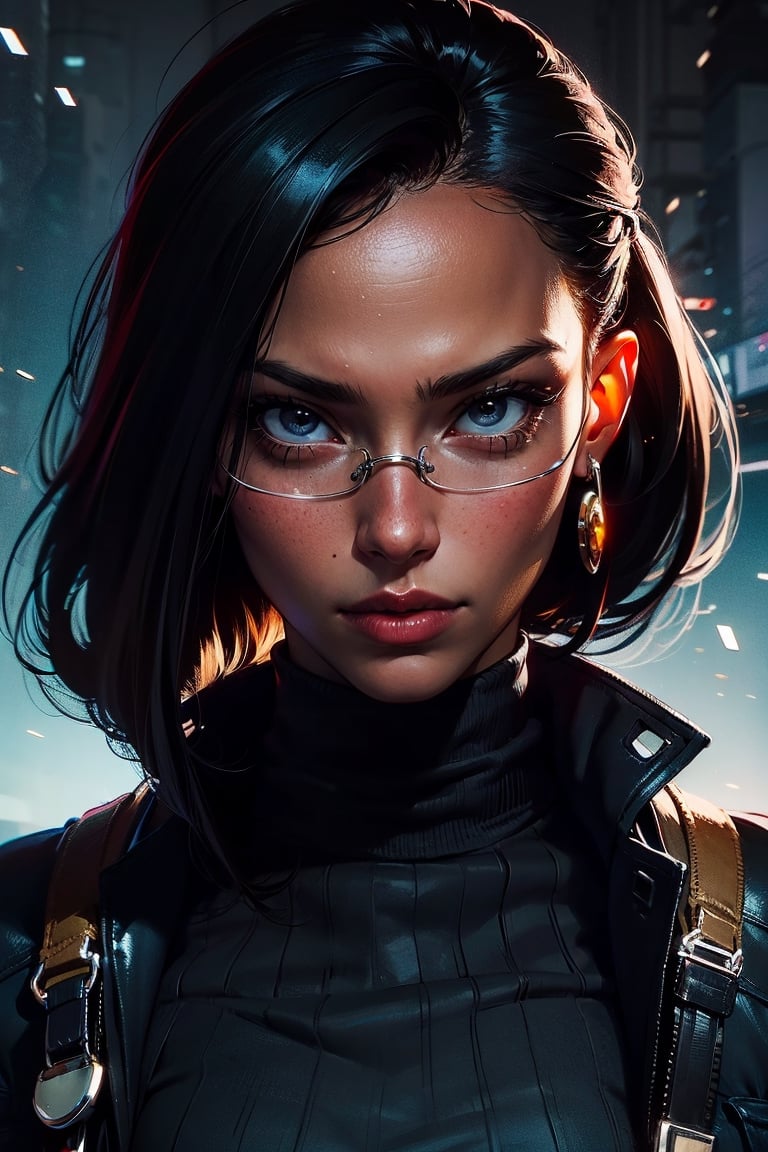(best quality, masterpiece: 1.2), Create a woman with very dark skin, with African features, large eyes, small and wide nose, full lips and large mouth, FRECKLES IN THE AREA OF HER NOSE AND CHEEKBONES ((hyper realistic)) with a cyber punk style, tight cargo pants, top and war jacket, with a gun in her hand,  His hands are perfect with no mistakes. The image is as if in motion, the expression on his face is one of fighting,cyborg,cyberpunk glasses,(PnMakeEnh)