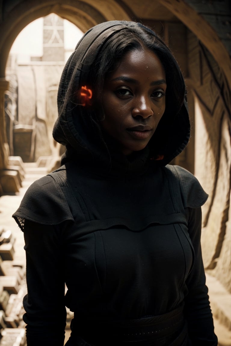 It generates a high-quality cinematic image, extreme details, ultra definition, extreme realism, high-quality lighting, 16k UHD, a woman with black skin who is in a dark environment but her skin stands out with a tunic that covers her head and body very bright and white
