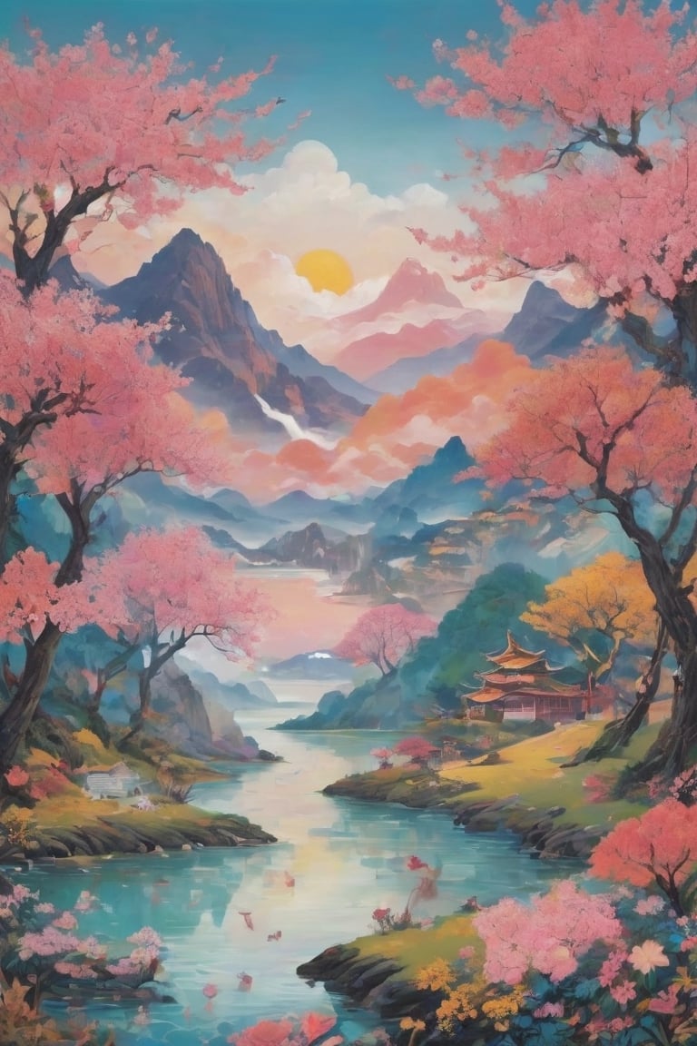 It creates a Chinese landscape, with mountains, lake, pink clouds in the sky, and a golden dragon among the clouds. Cherry trees on earth