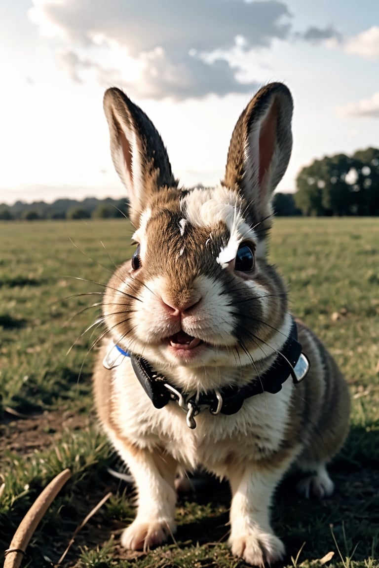 It generates a high-quality cinematic image, extreme details, ultra definition, extreme realism, high-quality lighting, 16k UHD, a baby rabbit war but with a full realistic crazy evil face in the middle of a field