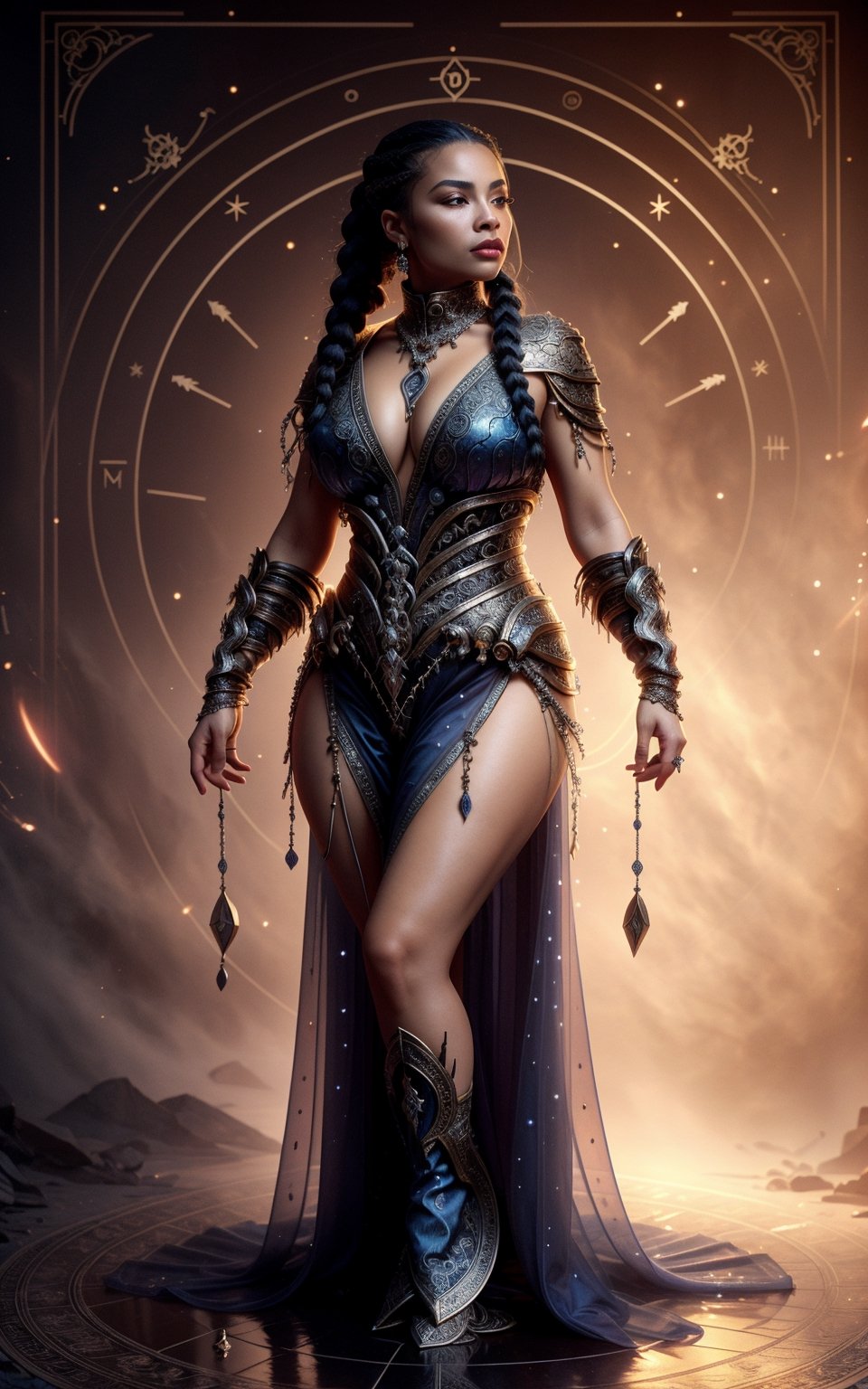 "Create a visual representation of a woman embodying the sign of Scorpio. Scorpio is a water sign known for its mystique. The woman has bluish hair intricately braided into a large braid. She wears a loose tunic that accentuates her curvy body. The shot is medium, with lighting resembling a sunset. ((She must hold a scorpion in her hands)). Pay particular attention to the detail of her hands, ensuring they are perfect.",lvdress,glowwave,bugger,Penguin ,mkscorpion