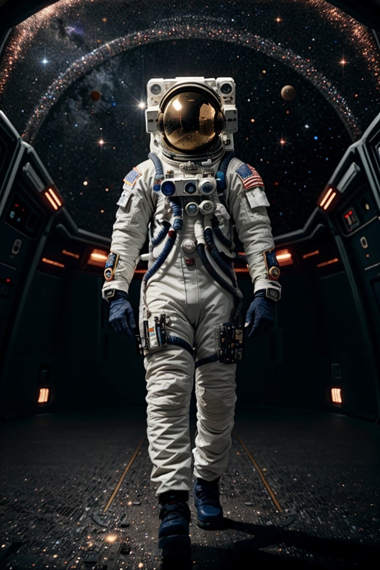 It generates a high-quality cinematic image, extreme details, ultra definition, extreme realism, high-quality lighting, 16k UHD, an astronaut in the middle of outer space with stars and planets completely full of brightness just like his suit, he is outside the ship in the middle of space floating