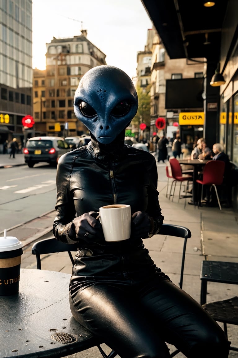 It generates a high-quality cinematic image, extreme details, ultra definition, extreme realism, high-quality lighting, 16k UHD, an alien sitting having a coffee in the middle of the city,gusto