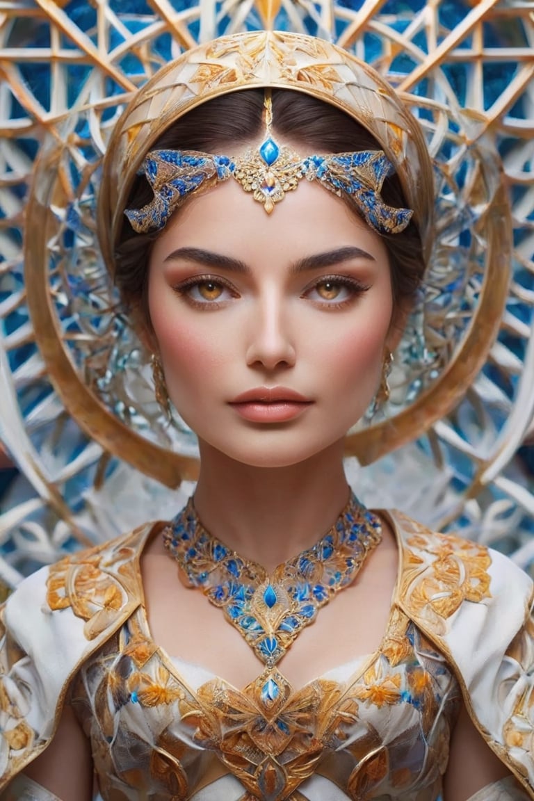 A mesmerizing ((hyperrealistic)) portrait of a stunning Persian woman, exuding an angelic charm and youthful radiance. The subject adorns a vibrant, traditional attire, accentuated by minimalist organic curves that boldly contrast against the negative space and geometric shapes. The artwork masterfully unites emotive conceptual portraiture with a flawless fusion of organic and mathematical forms. The 8K render and 4K textural richness accentuate the elegance of the corona 9 radiant glow, capturing the essence of modest ethnic beauty ideals. The image was skillfully captured using a Canon EOS R5, embodying both technical and artistic sophistication. Perfect textures and details ,ral-pnrse,Masterpiece