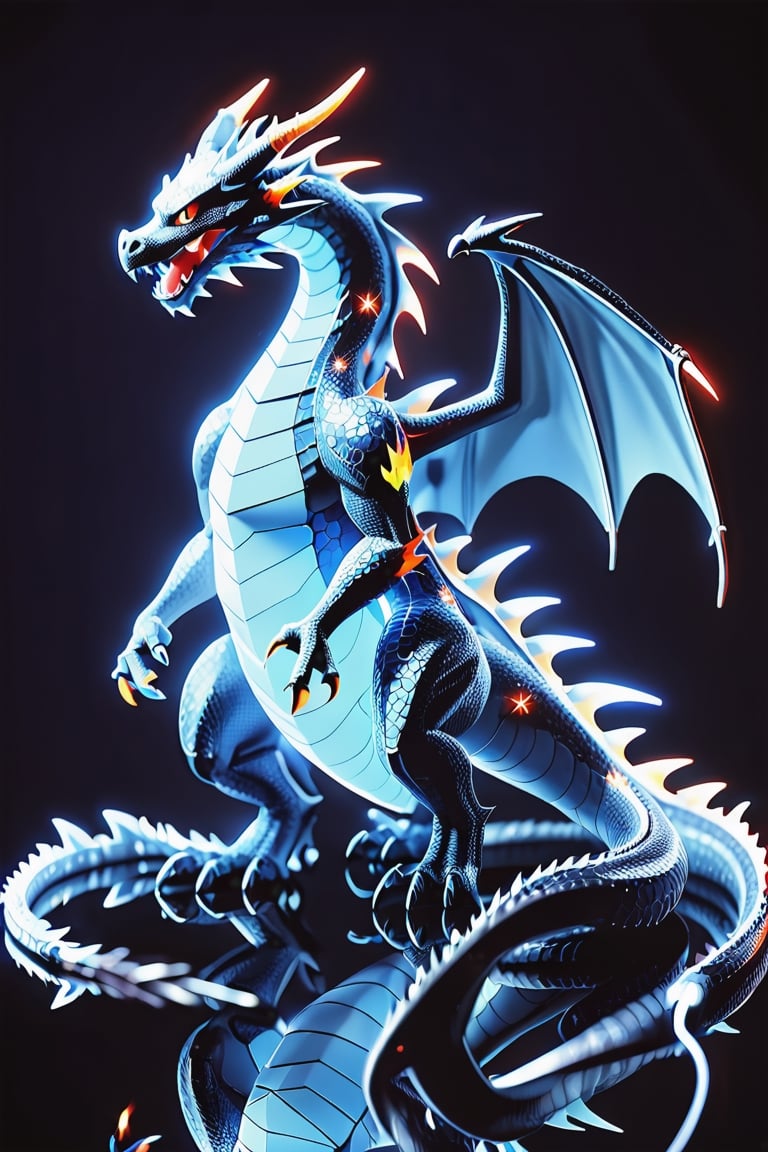 neon,dragon,neon photography style, neon lights, general shot, 1 dragon, alone, Charizard from the pokemon saga, (in dark silver and blue), black background with white and blue sparkles