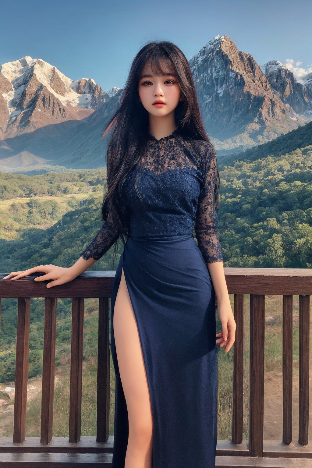 (((masterpiece))),best quality, illustration,(beautiful detailed girl),beautiful detailed glow,(beautiful detailed eyes),expressionless,azure hair,disheveled hair,long bangs, hairs between eyes,(navy 
blue dress),black ribbon, standing and looking at the viewer, mountain background, acmm ss outfit,Myanmar
