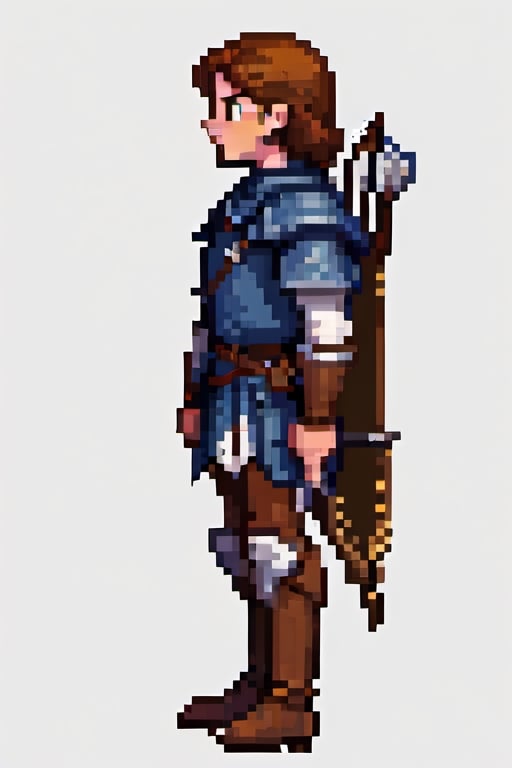 pixel art, full body of a medival archer with brown hair, side view, minimalist, (pixel:0.7)