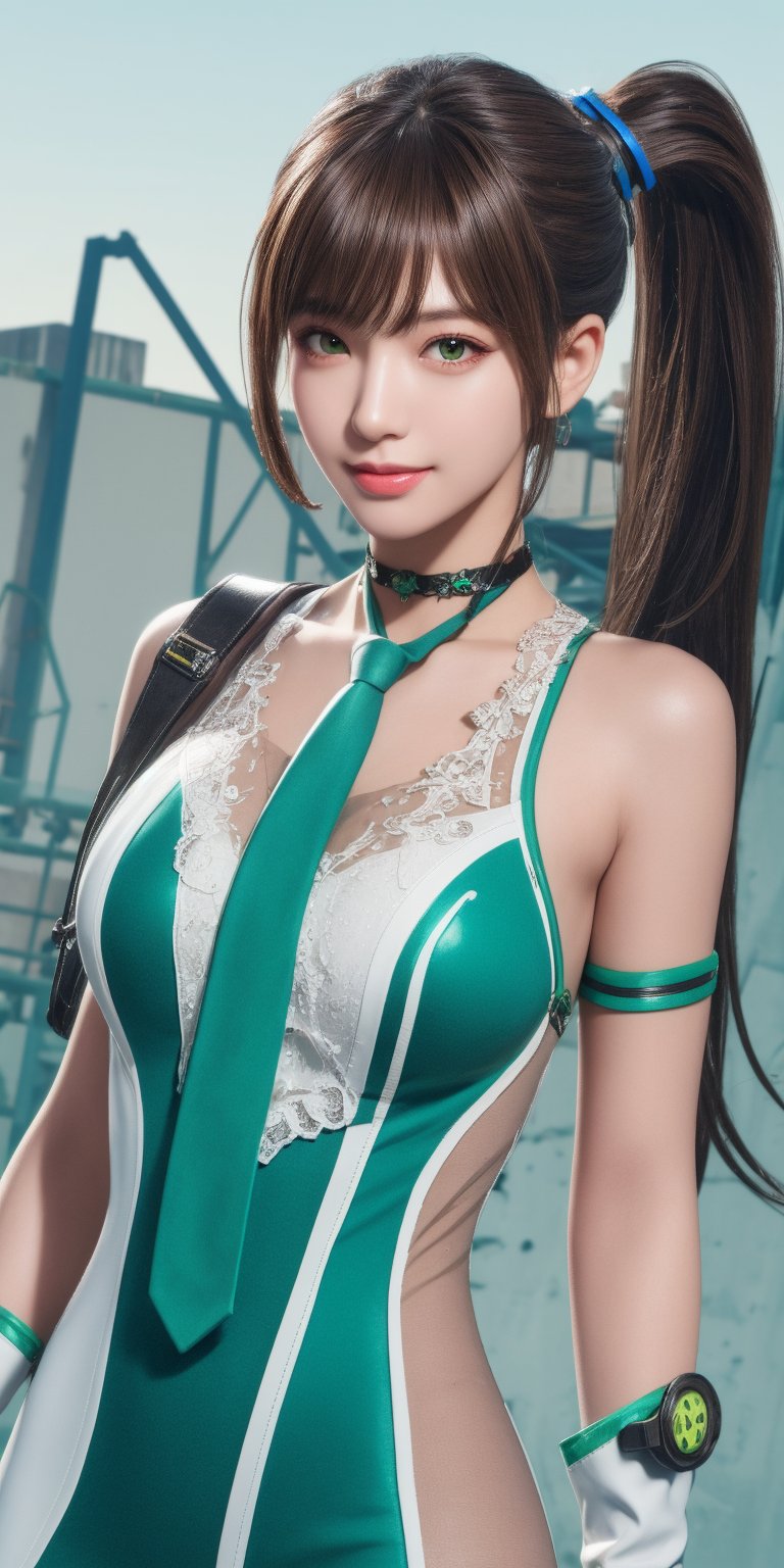 (Masterpiece, Best Quality, Photorealistic, High Resolution, 8K Raw), smile, looking at viewer, upper body, 1 girl, solo, long hair, (brown hair, bangs:1.1), big breasts, Light 
long ponytail, green bodysuit, green necktie, choker, see-through, fingerless gloves, clothes writing, mechanical parts, white glovesr, lemon0029, (Abandoned factory background:1.3),