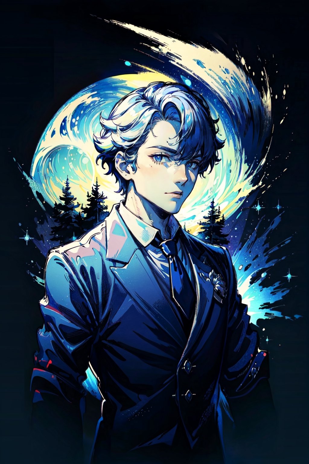 man, jacket, blue car, moon, work of art, wallpaper, soft shading, suit without tie, wriothesley