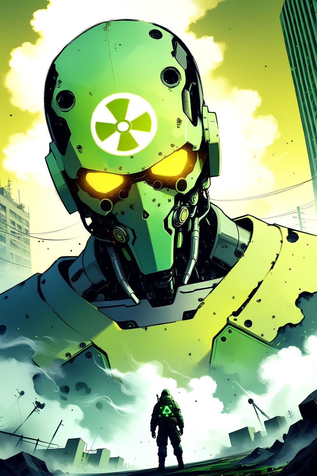 DonMW15pXL, cyborg style, soldier with anti-radiation suit facing giant biological terror, city, toxic smoke, radiation symbol, toxic environment symbols, radiation, masterpiece, wallpaper