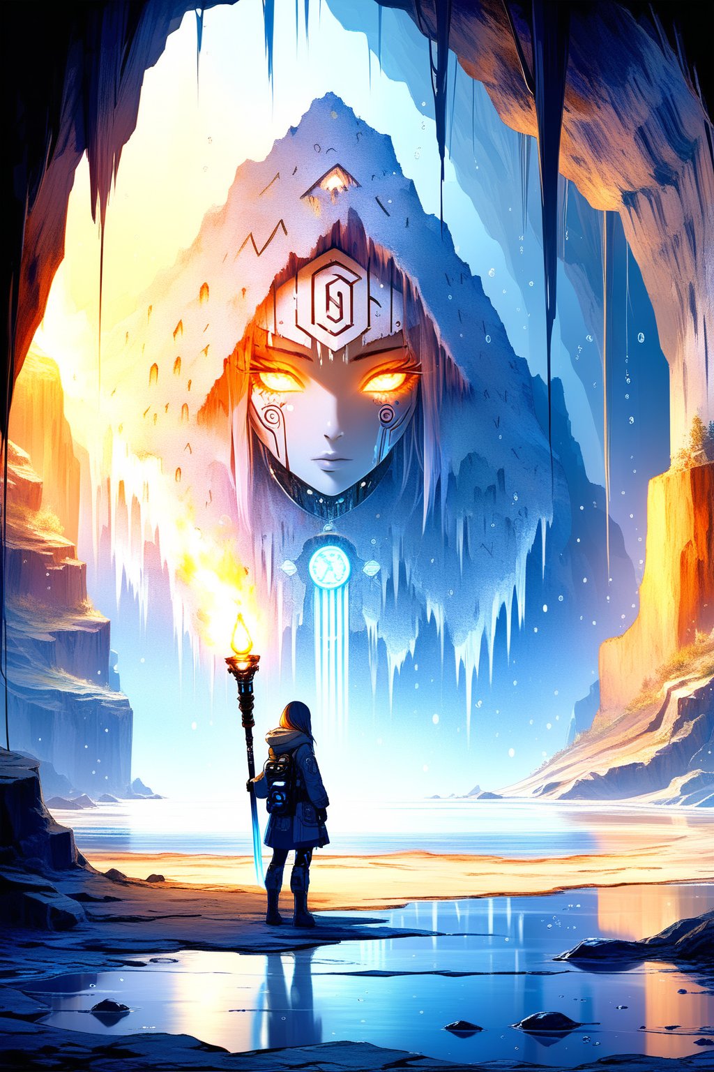 DonMW15pXL, cyborg style, girl explorer inside a cave holding a torch, observing the wall, ancient runic letters, cave, water drops, stalactites and stalactites, masterpiece, wallpaper,