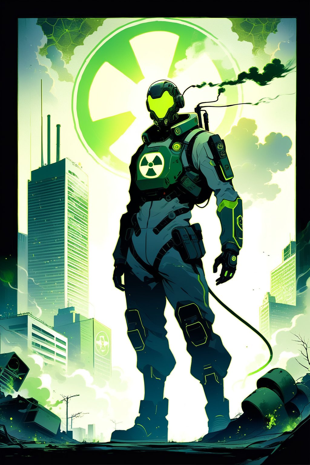 DonMW15pXL, cyborg style, soldier with anti-radiation suit facing giant biological terror, city, toxic smoke, radiation symbol, toxic environment symbols, radiation, masterpiece, wallpaper