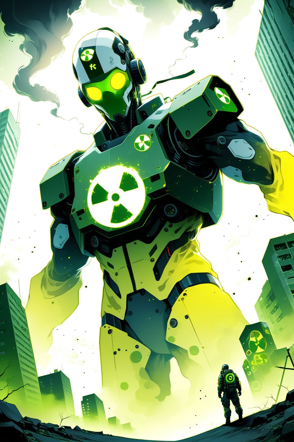 DonMW15pXL, cyborg style, soldier in anti-radiation suit in front of a giant radioactive biological monster, city, toxic smoke, radiation symbol, toxic environmental symbols, radiation, masterpiece, wallpaper