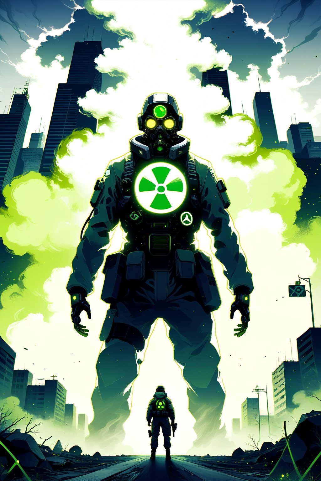 DonMW15pXL, cyborg style, soldier with anti-radiation suit facing giant biological terror, city, toxic smoke, radiation symbol, toxic environment symbols, radiation, masterpiece, wallpaper