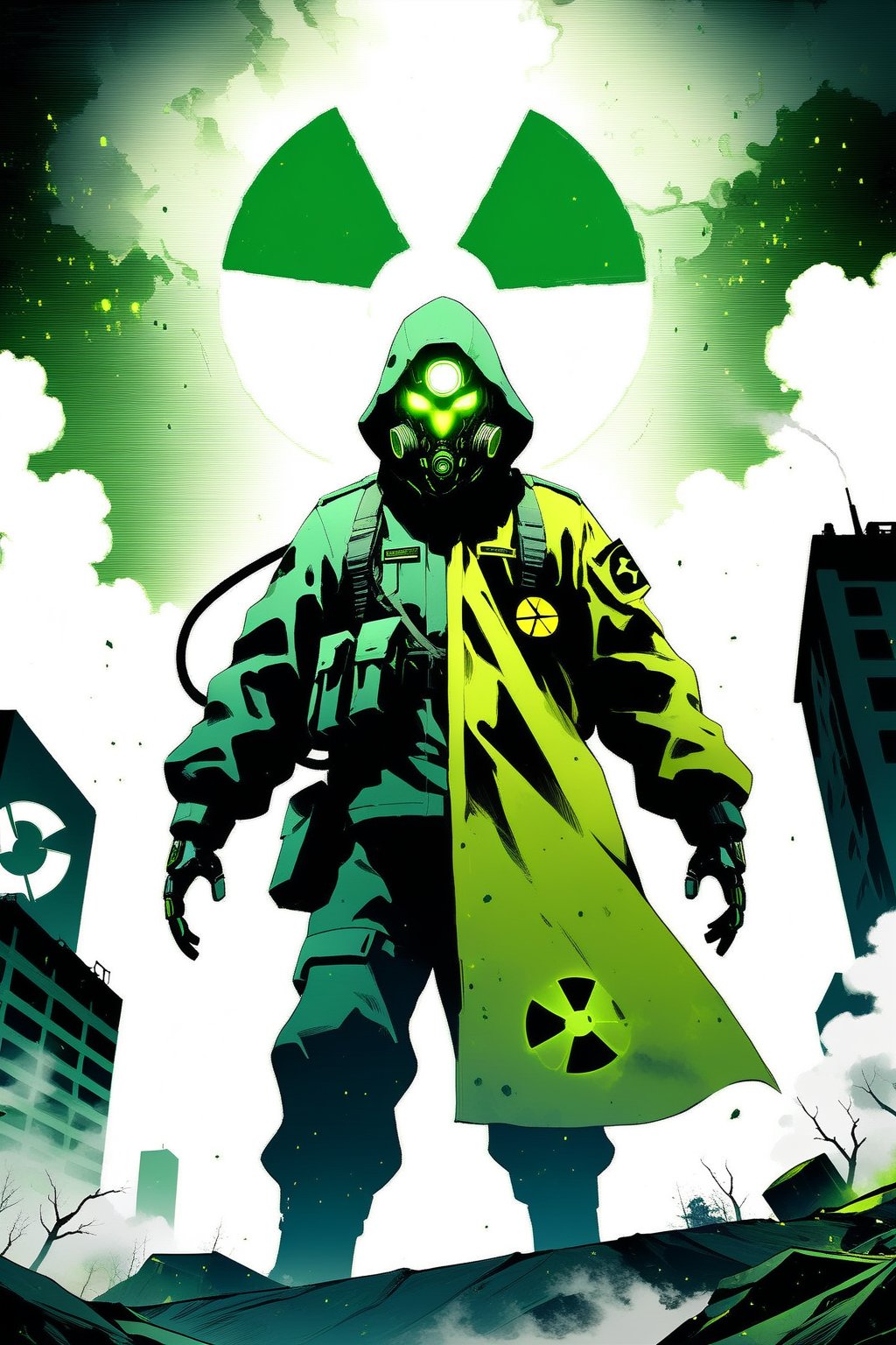 DonMW15pXL, cyborg style, soldier with anti-radiation suit facing giant biological terror, city, toxic smoke, radiation symbol, toxic environment symbols, radiation, masterpiece, wallpaper