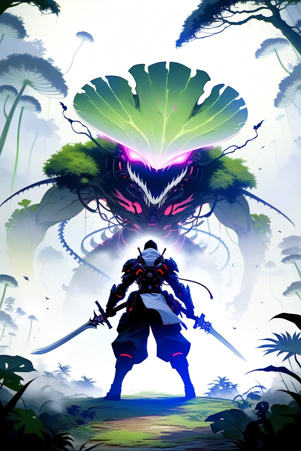 DonMW15pXL, cyborg style, Japanese style, ninja with a weapon in front of a giant carnivorous plant, jungle, fog background, vegetation, masterpiece, wallpaper,