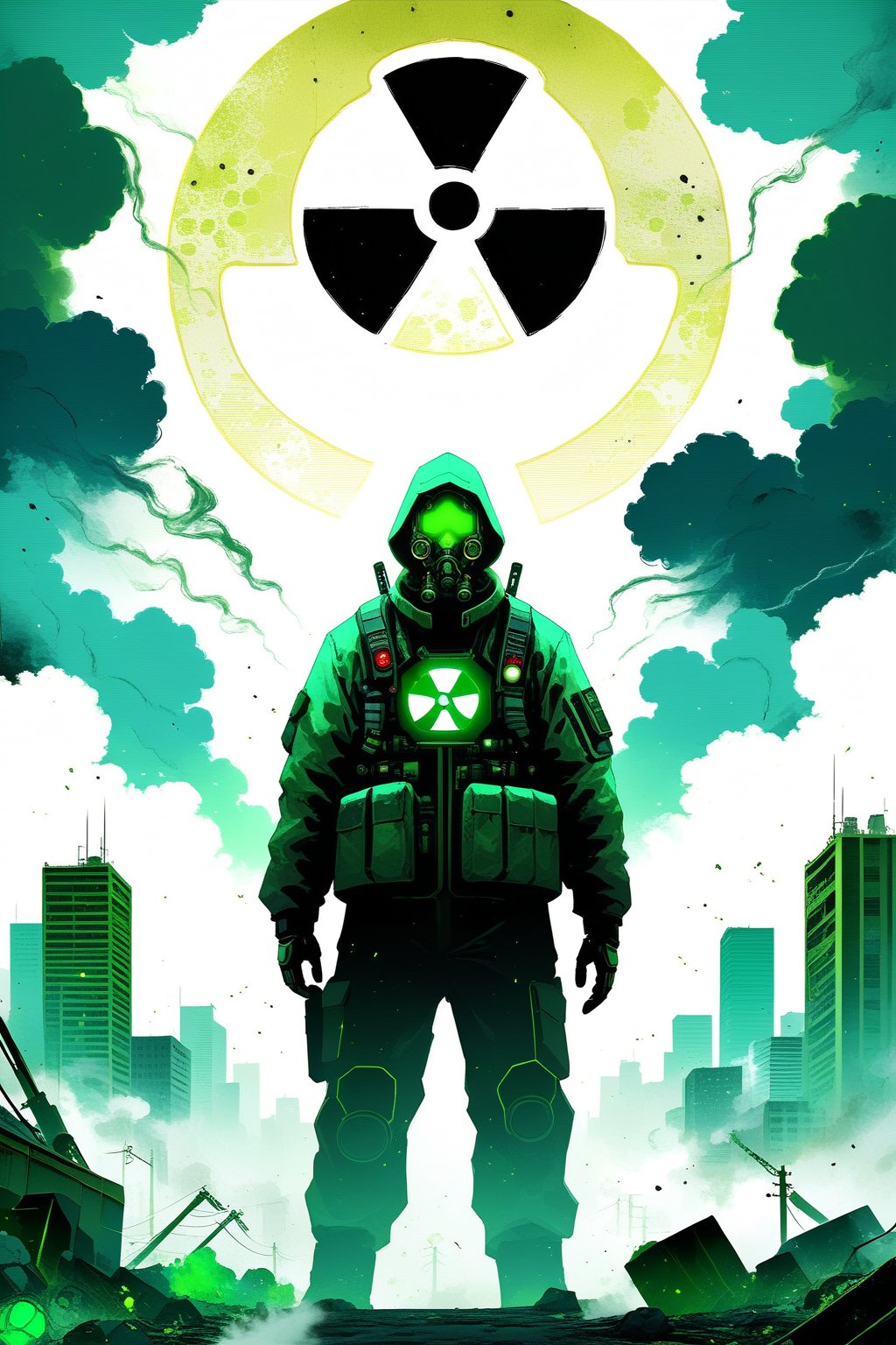 DonMW15pXL, cyborg style, soldier with anti-radiation suit facing giant biological terror, city, toxic smoke, radiation symbol, toxic environment symbols, radiation, masterpiece, wallpaper