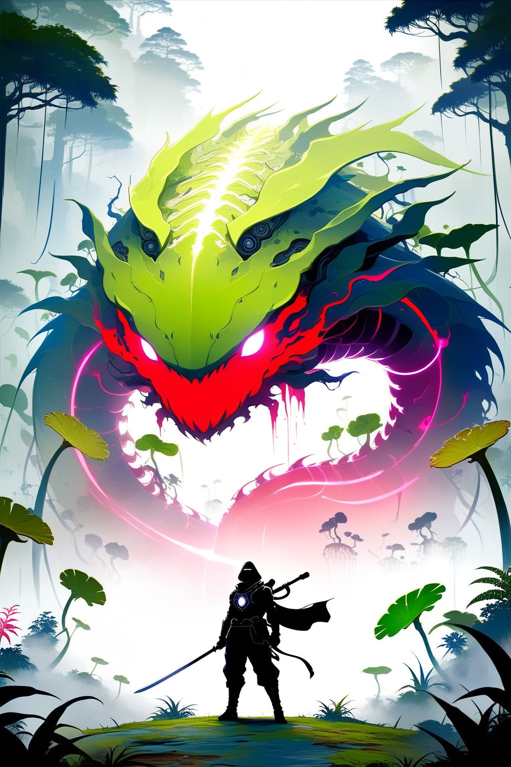 DonMW15pXL, cyborg style, Japanese style, ninja with a weapon in front of a giant carnivorous plant, jungle, fog background, vegetation, masterpiece, wallpaper,