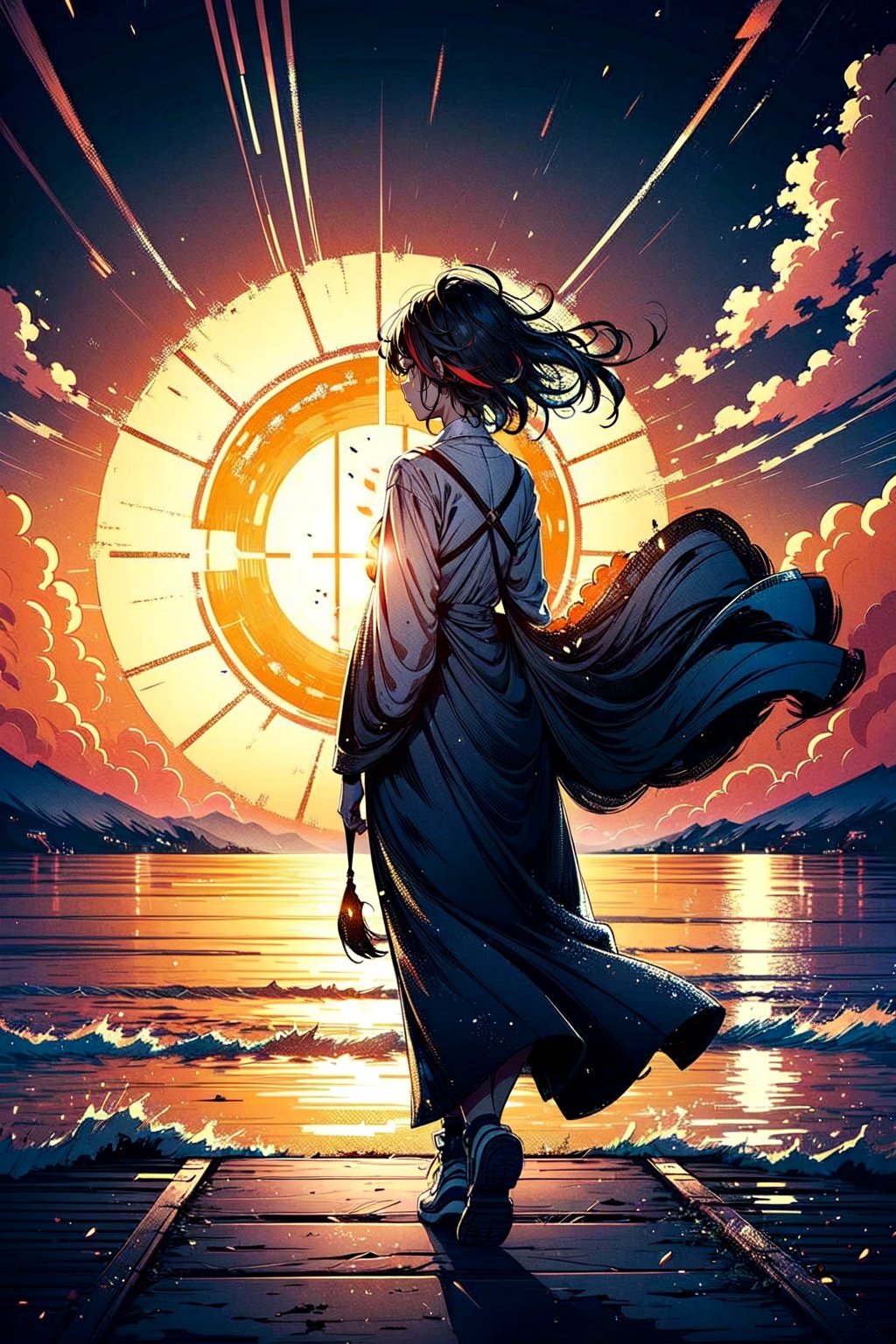 woman walking towards the horizon, wind, burning background, red sun, wind,  light of hope in a woman walking looking for salvation