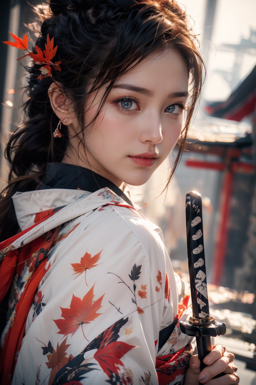 1girl, Sweet face, full body, very huge breasts, charming eyes, looking to audience, {beautiful and detailed eyes}, eye smile, ((nervous and embarrassed)), sexy lips, delicate facial features,((model pose)), Glamor body type, (dark hair:1.2),  long ponytail, straight hair, Female Samurai, {{holding a Japanese Sword}}, beautiful hanfu(black, transparent), Japan temple, autumn morning, under maple tree, (maple leaf scattered), flim grain, masterpiece, Best Quality, natural and soft light photorealistic, ultra-detailed, finely detailed, high resolution, sharp-focus, glowing forehead, perfect shading, highres, photorealistic,perfect,photorealistic,hand,fingers