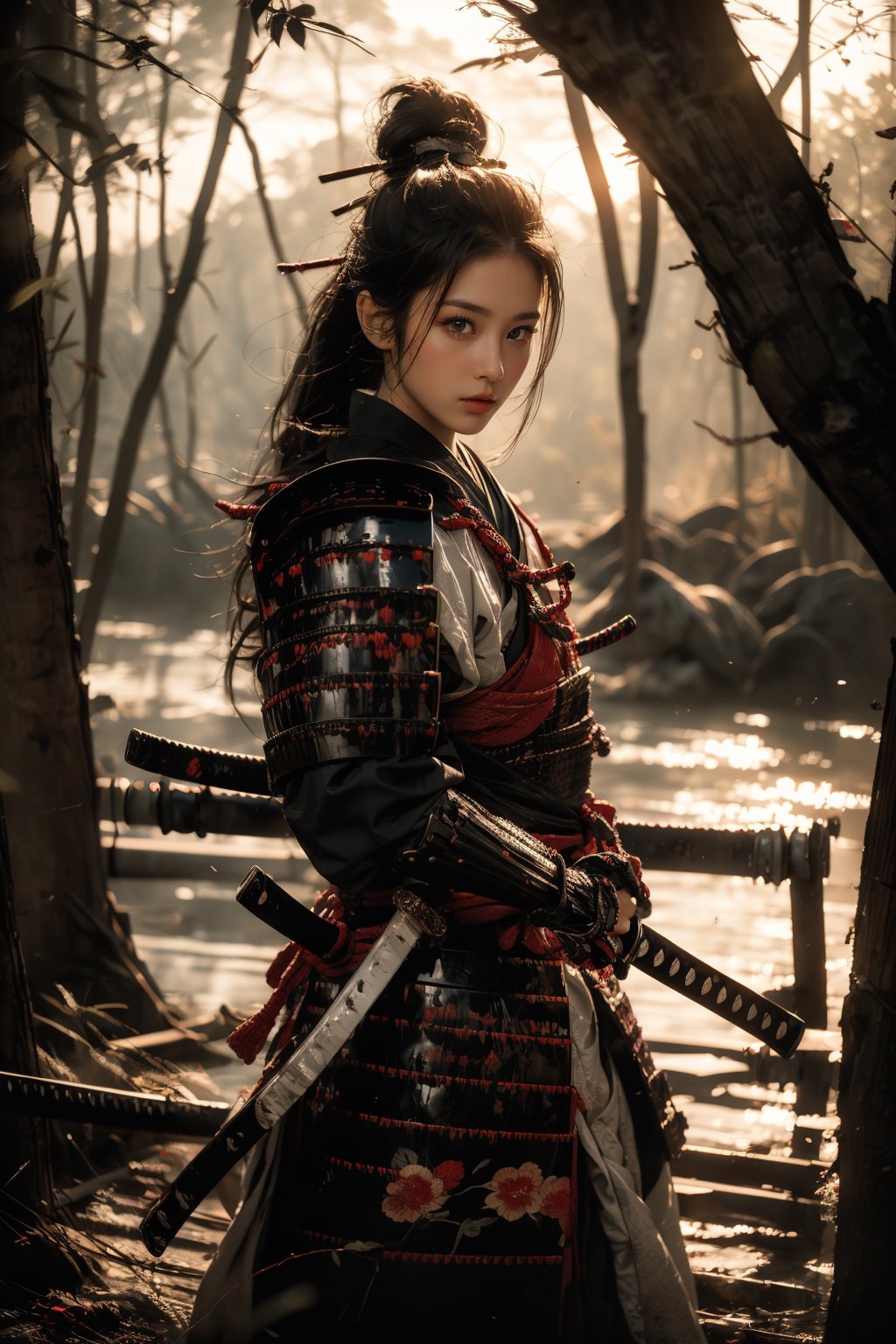 female samurai, charming eyes, sweet face, long hair, samurai armor, samurai sword {holding samurai sword}, near the river, looking to audience, forest, river in forest, morning, sunrise, bright lights, sharp focus, perfect shading, masterpiece, best quality, extremely detailed, highres, photorealistic, full body,