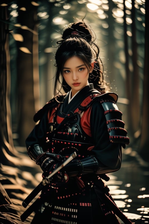 female samurai, charming eyes, sweet face, long hair, samurai armor, samurai sword {holding samurai sword}, near the river, looking to audience, dust rising, extremely bloody, forest, river in forest, morning, sunrise, bright lights, sharp focus, perfect shading, masterpiece, best quality, extremely detailed, highres, photorealistic, full body,<lora:659111690174031528:1.0>