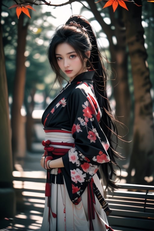 1girl, Sweet face, full body, very huge breasts, charming eyes, looking to audience, {beautiful and detailed eyes}, eye smile, ((nervous and embarrassed)), sexy lips, delicate facial features,((model pose)), Glamor body type, (dark hair:1.2),  long ponytail, straight hair, Female Samurai, {{holding a Japanese Sword}}, beautiful hanfu(black, transparent), Japan temple, autumn morning, under maple tree, (maple leaf scattered), flim grain, masterpiece, Best Quality, natural and soft light photorealistic, ultra-detailed, finely detailed, high resolution, sharp-focus, glowing forehead, perfect shading, highres, photorealistic,perfect,photorealistic,hand,fingers,<lora:659111690174031528:1.0>