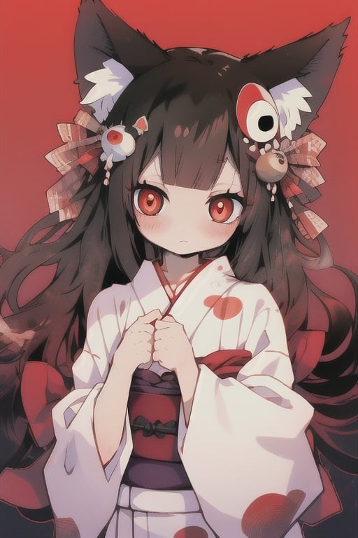 1girl, black_hair, red eyes, red hair ornament, red and white yukata, nervous expression,blush, animal ear, masterpiece, best 