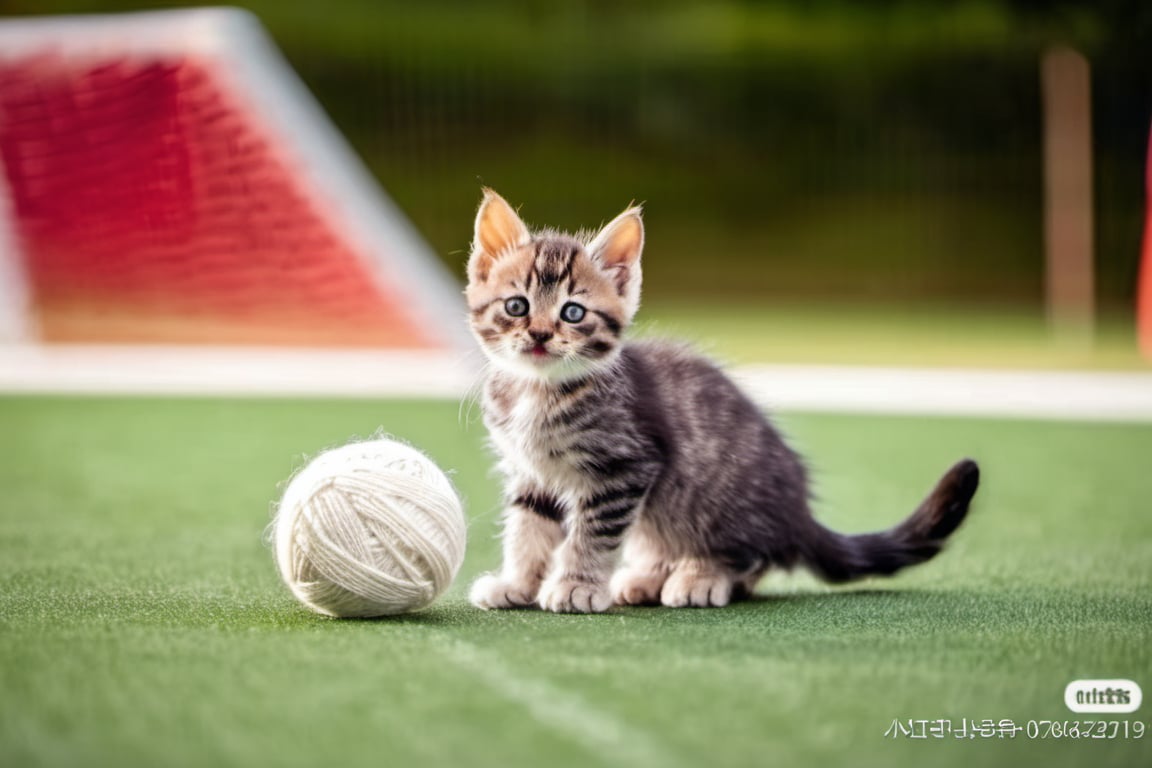shot from behind of a kitten with one paw on a ball of wool, in front of the goalkeeper of a soccer field, cat