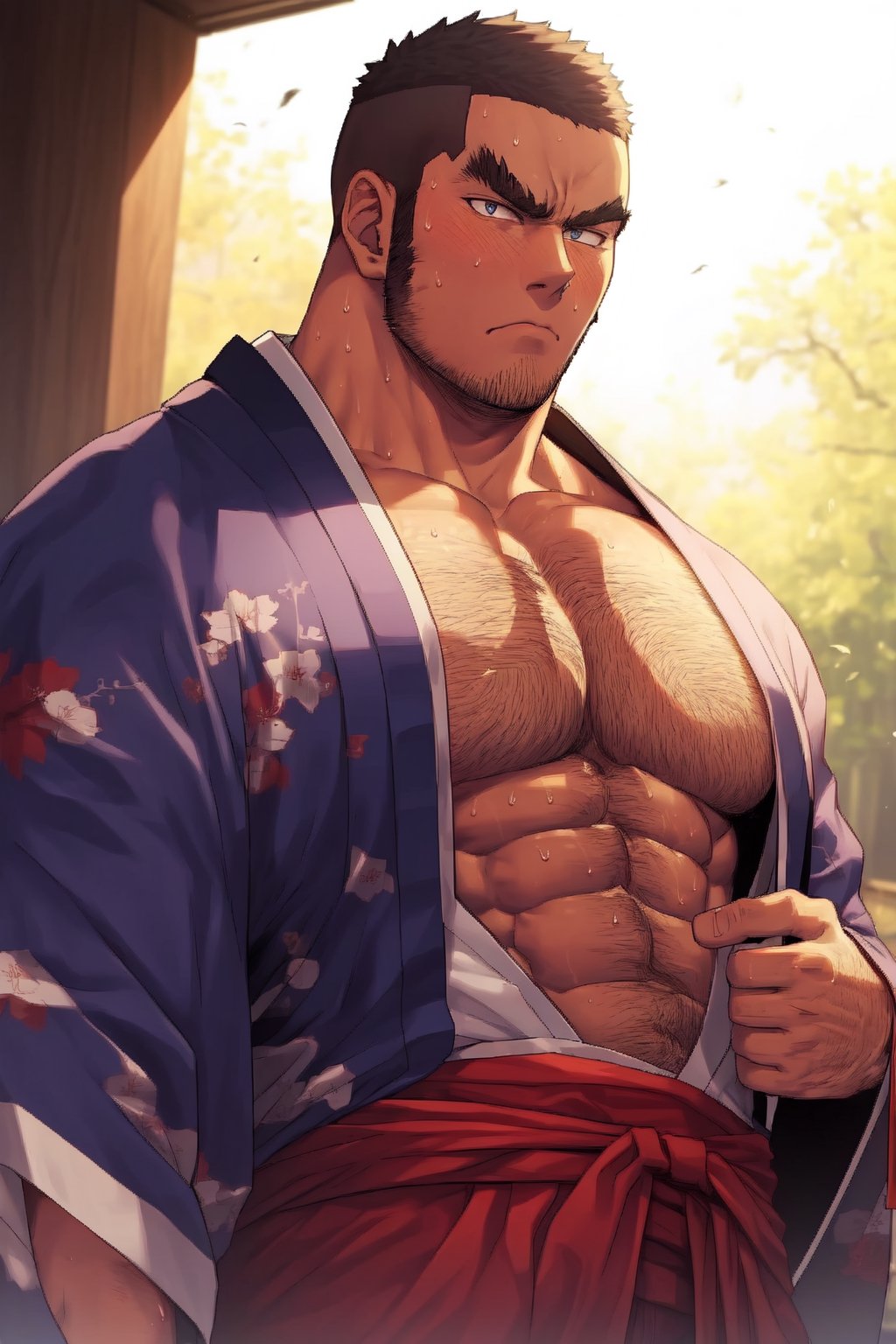 solo, 1_man, 1_character, masculine, square_jawline, white_shirt, shirt, hairy, buzz_cut, black hair, short hair, long sideburns, stubble, japanese_clothes, kimono, ainu_clothes, beefcake, muscular, open_jacket, open_clothes, frown, abs, thick_eyebrows, pectroals, muscular_male, bara, navel_hair, very_hairy, arm_hair, white_background, large_pectorals, mature_male, very_short_hair, open_clothes, open_kimono, chest_hair, pectoral_cleavage, hairy, pectoral_focus, tanigaki, perfect anatomy, perfect proportions, (best quality, masterpiece), (perfect eyes, perfect eye pupil), perfect hands, high_resolution, dutch angle, outside, shiny skin, sweaty, best quality, masterpiece, intricate details,best quality,nijimale