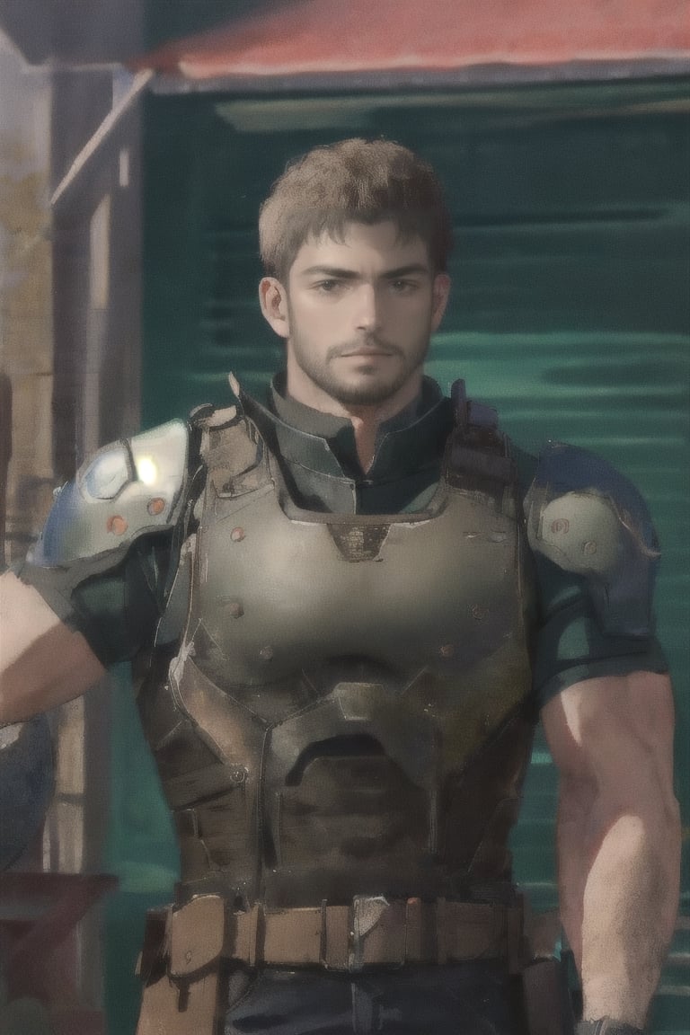 1_boy, solo, looking at viewer, short hair, brown hair, 1boy, upper body, male focus, grey shirt, facial hair, shoulder armor, realistic, masculine, muscular, large pecs, arm hair, manly, handsome, charming, alluring, perfect eyes, perfect anatomy, perfect proportions, (perfecteyes) perfect anatomy, perfect proportions, best quality, masterpiece, high_resolution, dutch angle, cowboy shot, photo background, perfect hands, perfect fingers, intricate details,photorealistic,Anime,chris-rev