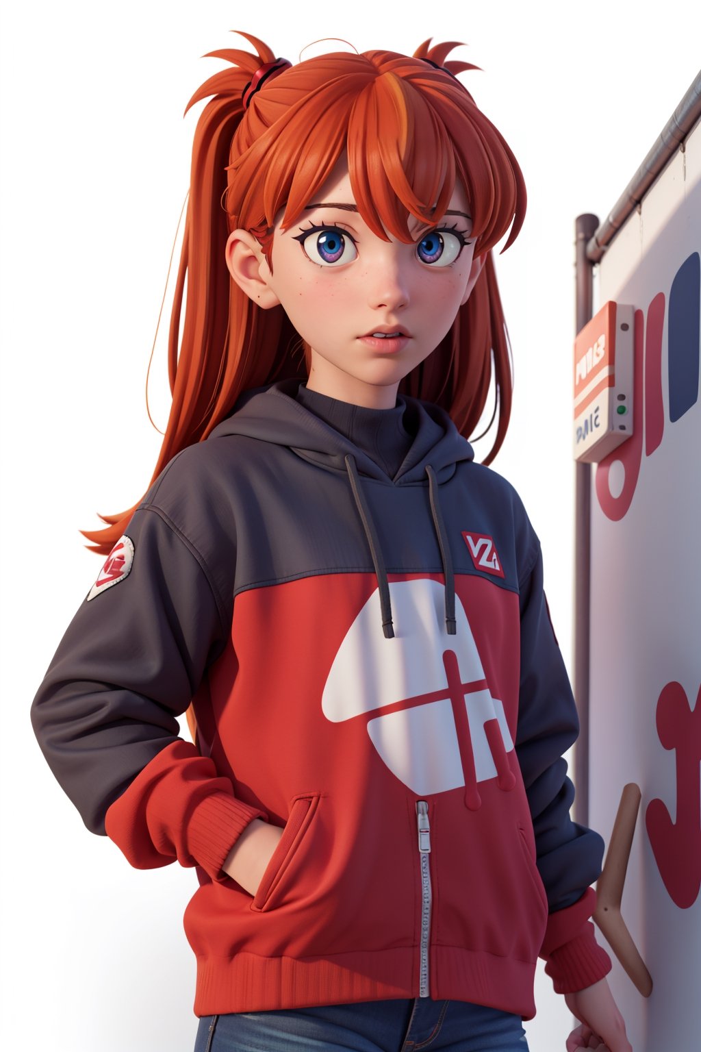 girl, abstract, design, graffiti, white background, Grt2c,1 girl ,realistic,solo, 3d animated,EFT_,souryuuasukalangley, asuka langley, evangelion, 3d pixar style, orange hair color, blue eye color
