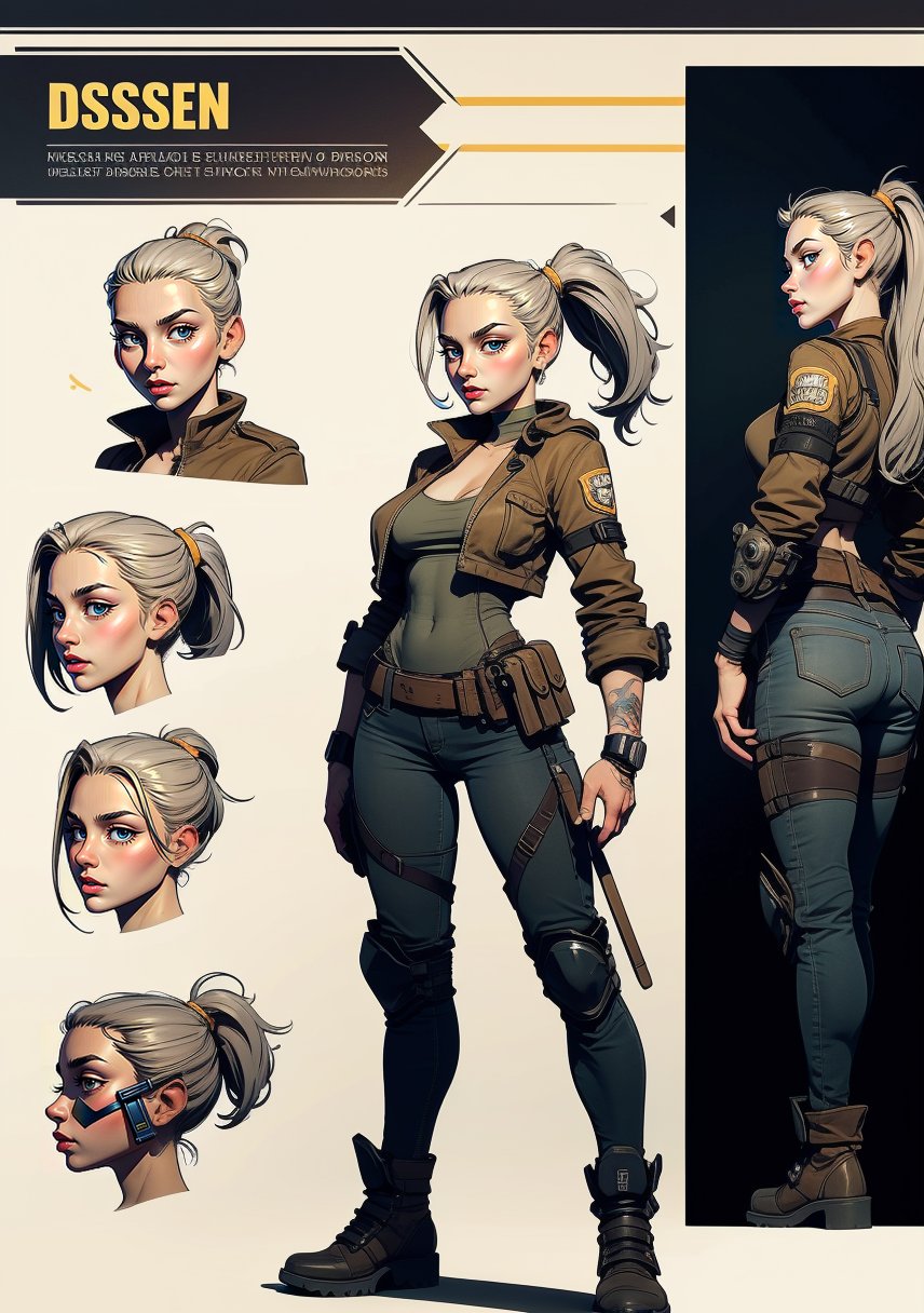 The concept character sheet of a strong, attractive, and hot warrior lady, mad max style, post apocalyptic style, dieselpunk look, dieselpunk setting, dieselpunk soldier girl, wearing techwear and armor, Cyberpunk costumes, In steampunk style, Her face is oval,  forehead is smooth and visibly rounded at the temples. jawline is softly defined,  giving her a gentle and feminine appearance, full body,  Full of details, frontal body view, back body view, Highly detailed, Depth, Many parts,((Masterpiece, Highest quality)), 8k, Detailed face (ponytail hair) (grey hair) (golden eyes), angry expression, Infographic drawing. Multiple sexy poses. tattoos,3d,SAM YANG,incase