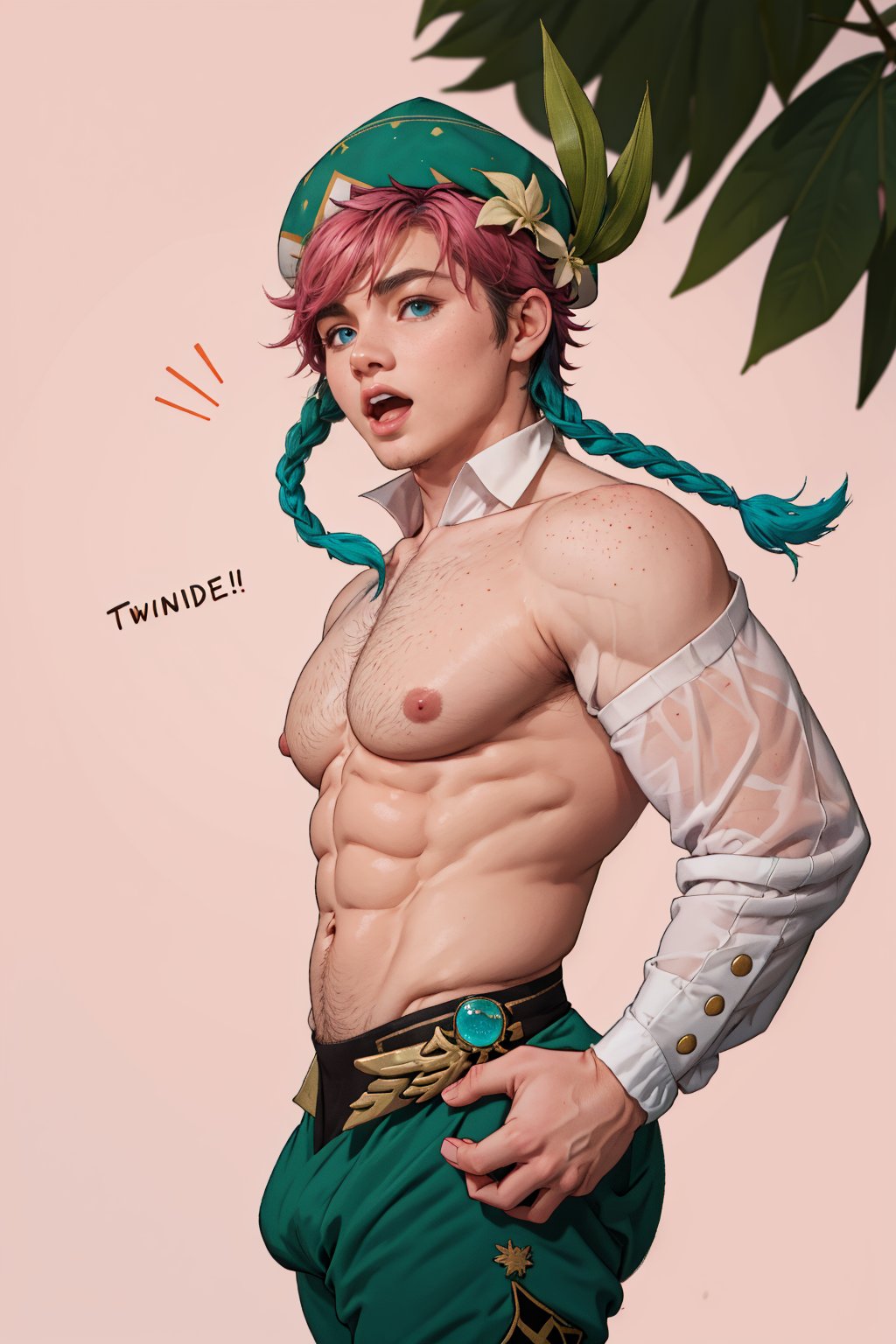  1 man, male face , braid pink hair, twink body, freckles face,  ,green eyes   , kawaii ,ventidef, beret,venti (genshin impact) , open mouth , ,thicc