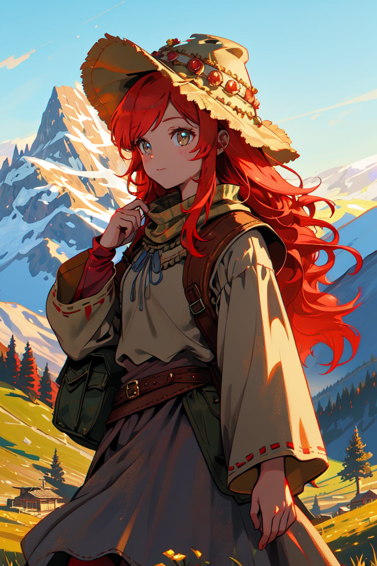 a gipsy girl, long red hair,  in a mountain, high quality, high resolution, high precision, realism, color correction, proper lighting settings, harmonious composition, girl, ancient gipsy clothes