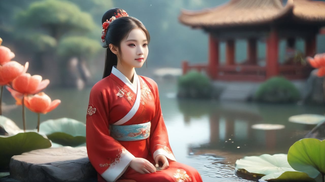 A Chinese girl is wearing a red Hanfu dress, and her figure is vaguely visible. China is ancient. Moon, pavilion, lotus and pond. Several koi fish, fairies
