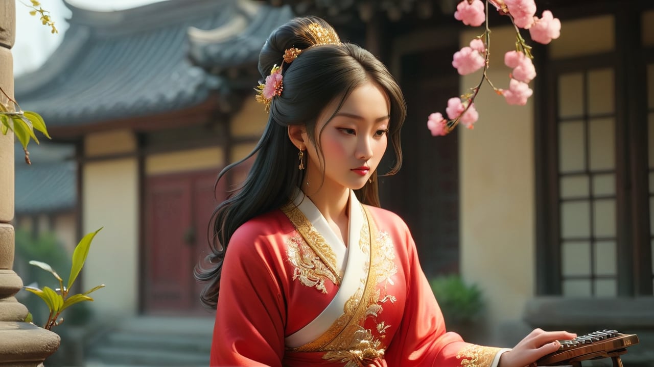  A traditional courtyard in full bloom with peach blossoms. A woman in a red robe with golden phoenix embroidery and a white silk shawl plays the guqin, her long hair adorned with a gold hairpin.  -camera zoom in -fps 24 -gs 16 -motion 1 -Consistency with the text: 22 -style: HD movies -ar 16:9
