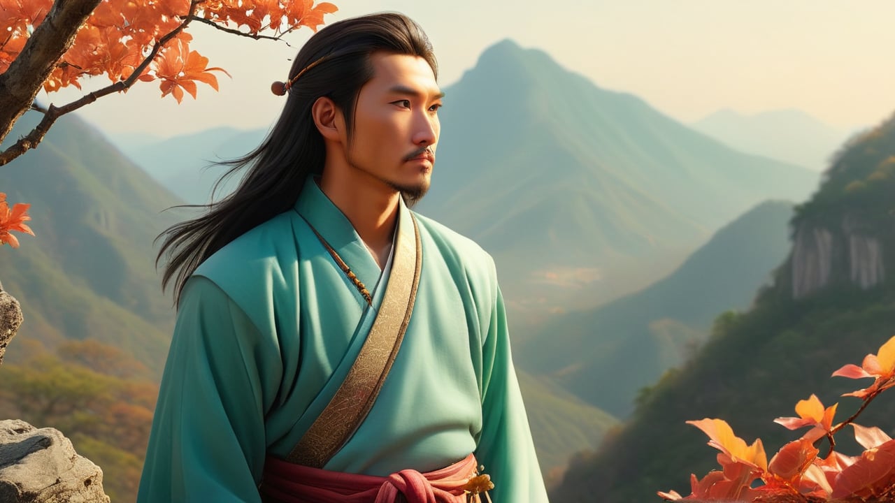 /create prompt: At the edge of a high cliff, a traveler gazes out towards the horizon where mountains meet the sky. The traveler is dressed in Han dynasty clothing, and a gentle breeze carries fallen leaves past him. He holds a jade pendant and wears a traditional silk belt. The vastness of the landscape evokes feelings of longing and distance. HD