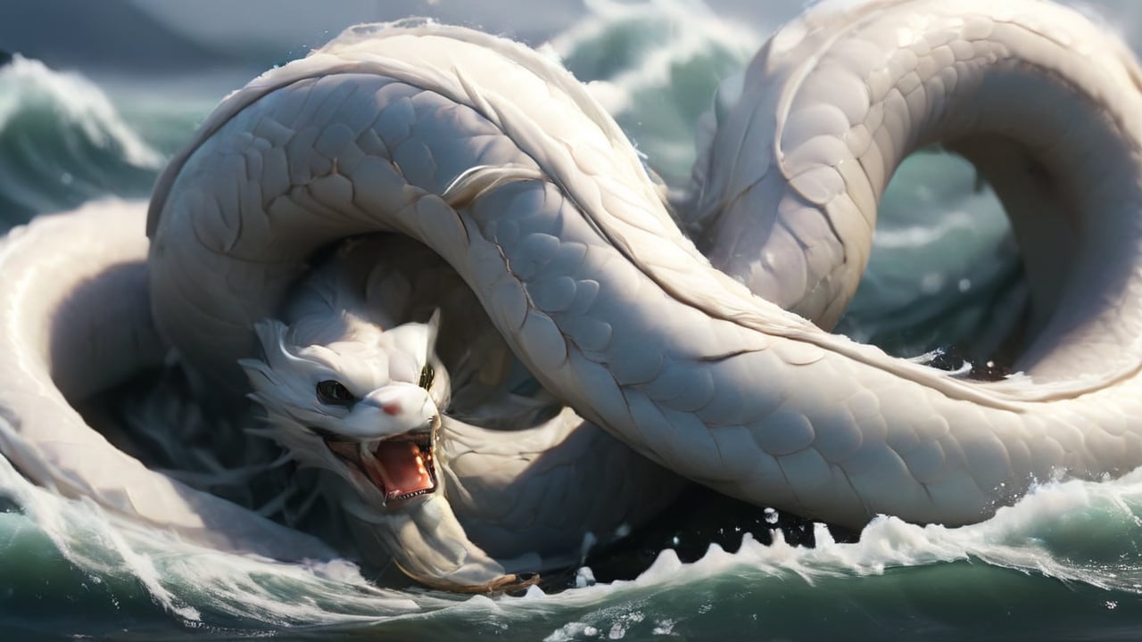 /create Prompt: White Snake and Fa Hai battling from afar. White Snake in serpent form, Fa Hai in monk robes. Wide shot. They confront each other amidst swirling winds and crashing waves.  -camera pan left -fps 24 -gs 16 -motion 1 -Consistency with the text: 20 -style: 3D Animation -ar 16:9