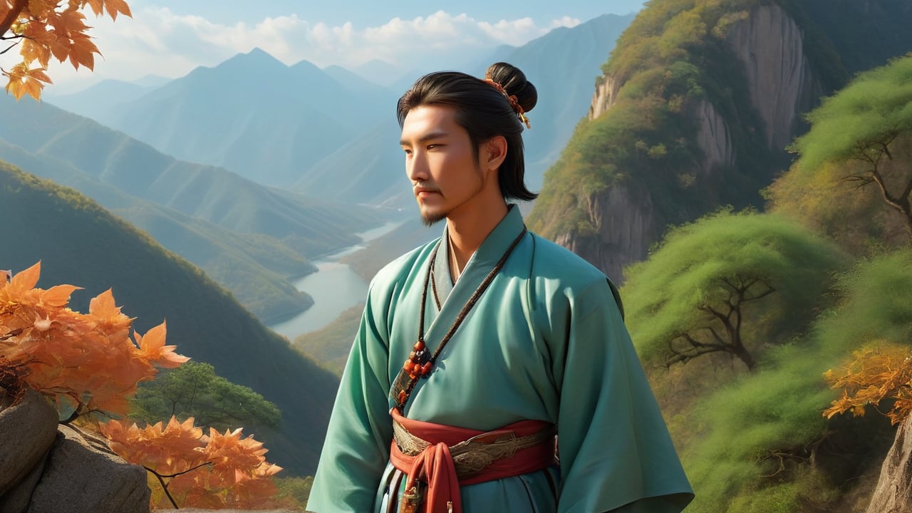 /create prompt: At the edge of a high cliff, a traveler gazes out towards the horizon where mountains meet the sky. The traveler is dressed in Han dynasty clothing, and a gentle breeze carries fallen leaves past him. He holds a jade pendant and wears a traditional silk belt. The vastness of the landscape evokes feelings of longing and distance. HD