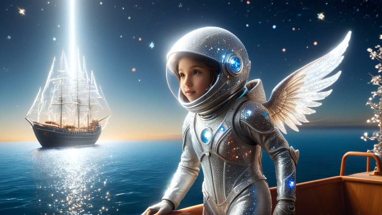 Sailing aboard a ship woven from light across waves of shimmering temporal energy. Surrounding the ship are schools of light-fish and luminous crystal trees, with stars twinkling in the sky. The protagonist wears a silver spacesuit with a transparent helmet, carries light wings, and eyes that shimmer with wisdom.