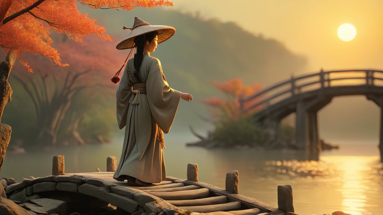 At an old, broken bridge, a solitary figure stands looking across the water. The figure's long Han dynasty robe flutters in the wind, and their face is filled with sorrow. They carry a lantern and wear a wide-brimmed hat. The surrounding scenery of autumn leaves and a setting sun creates a poignant and melancholic scene. HD