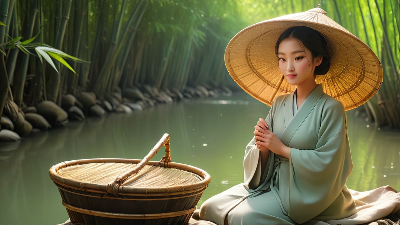 Next to an ancient village, a clear river flows gently. Bamboo groves by the river sway in the wind, with the moonlight reflecting on the water's surface, mirroring the surroundings. An elder sits by the river fishing, wearing a wide-sleeved long robe from the Han dynasty and a bamboo hat. Beside him is a bamboo basket and an oil-paper umbrella, enjoying the quiet moment.
   - Keywords: clear river, bamboo grove, elder, wide-sleeved long robe, bamboo hat, bamboo basket, oil-paper umbrella, Han dynasty

