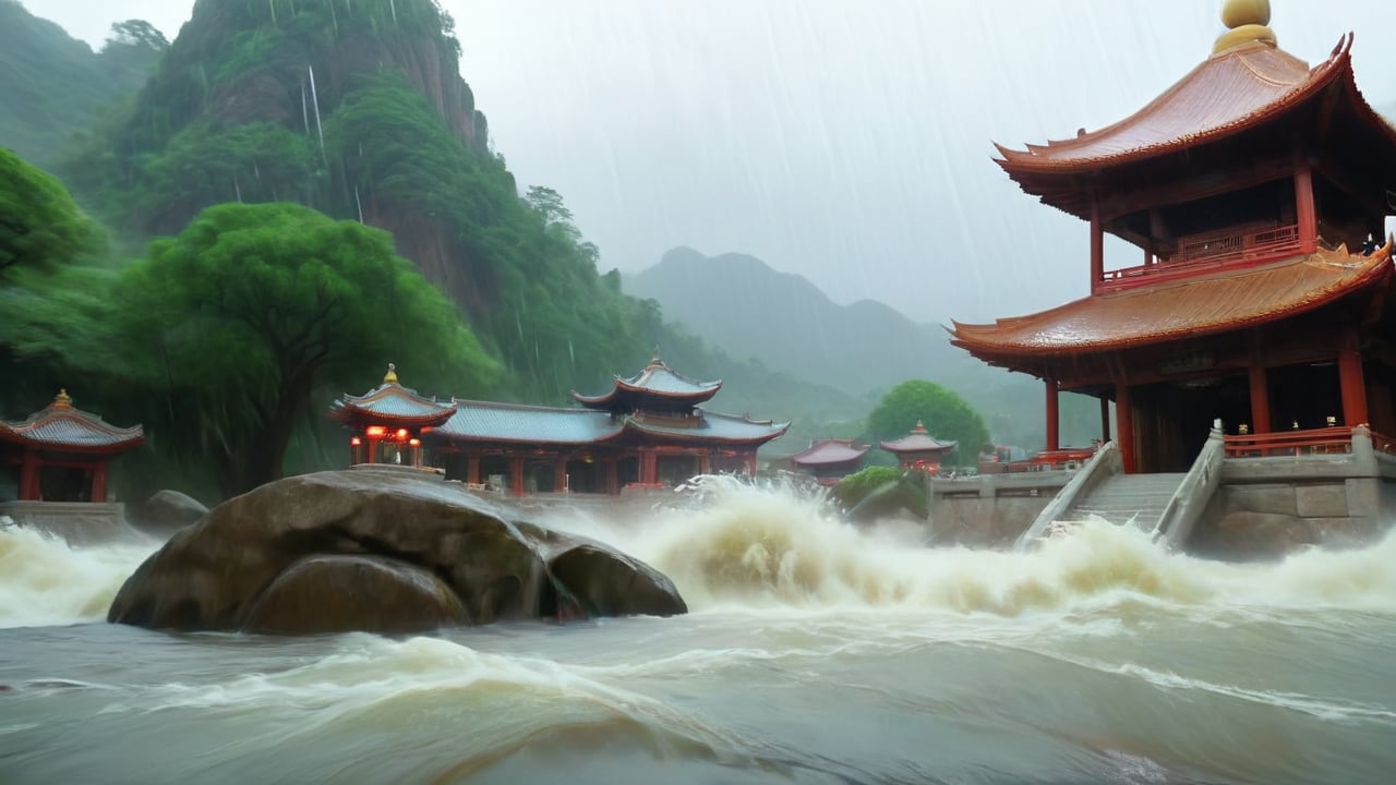 /create Prompt: Jinshan Temple being flooded. Temple on a hill, surrounded by rising water. Wide shot. Torrential rain pours down as the temple is engulfed by rushing currents.  -camera zoom out -fps 24 -gs 16 -motion 1 -Consistency with the text: 20 -style: 3D Animation -ar 16:9